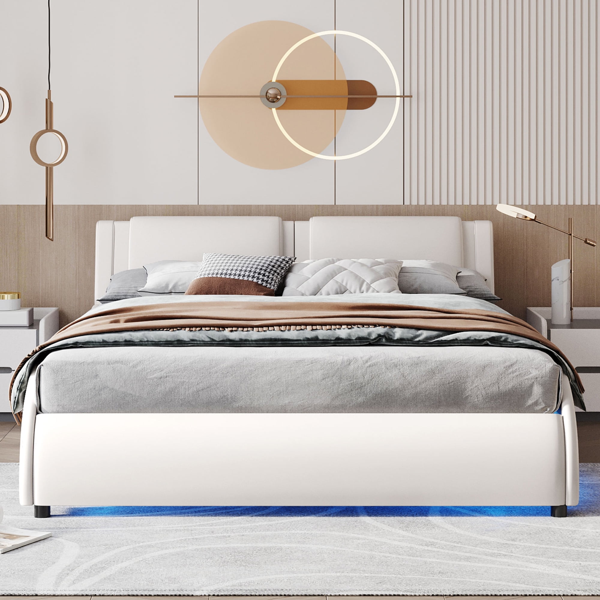 Faux Leather Upholstered Queen Platform Bed Frame with 16Color LED