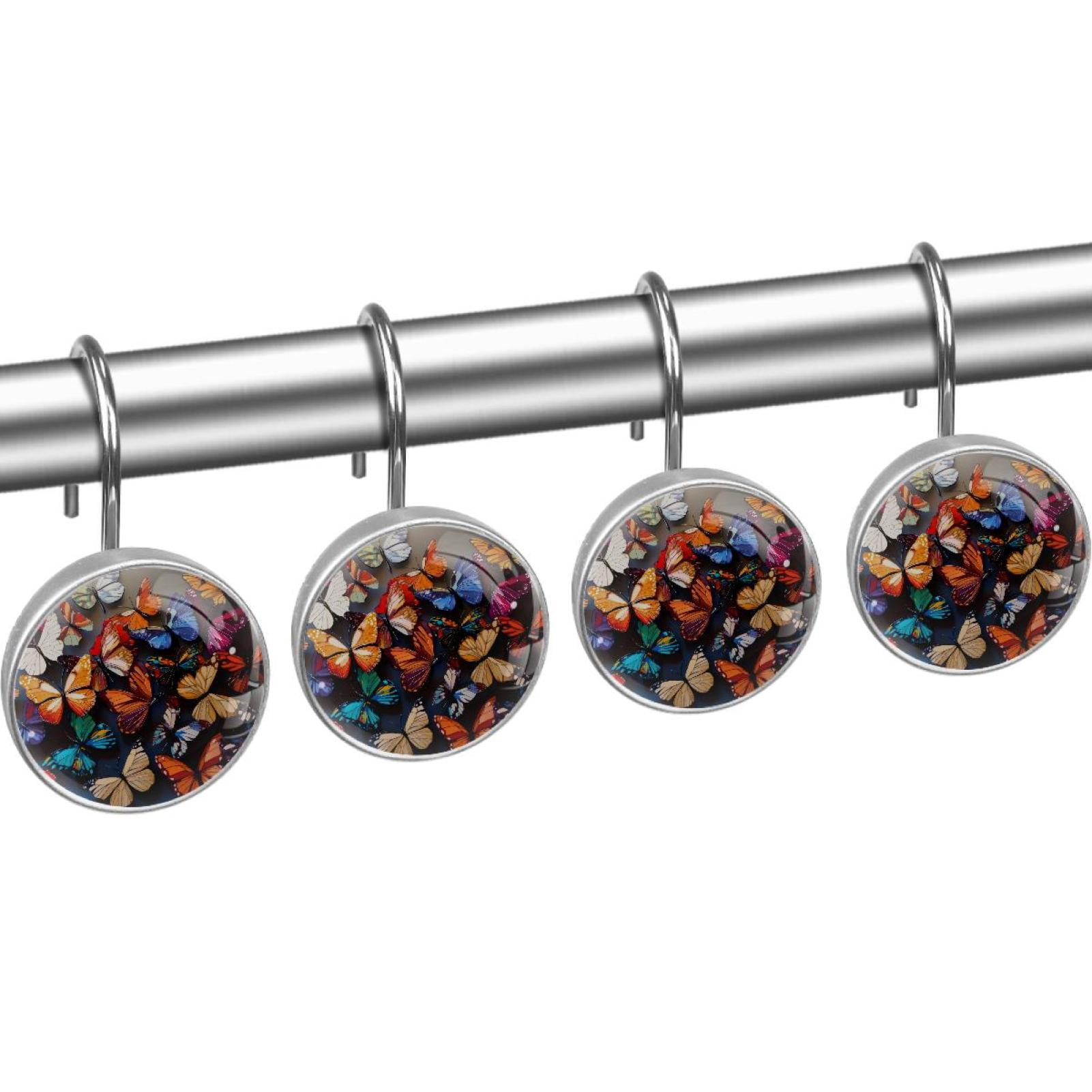 Colorful Butterfly Shower Curtain Hooks Round Crystal Glass, Set of 12 Shower Curtain Rings - Shower Hooks for Curtain Shower Rings