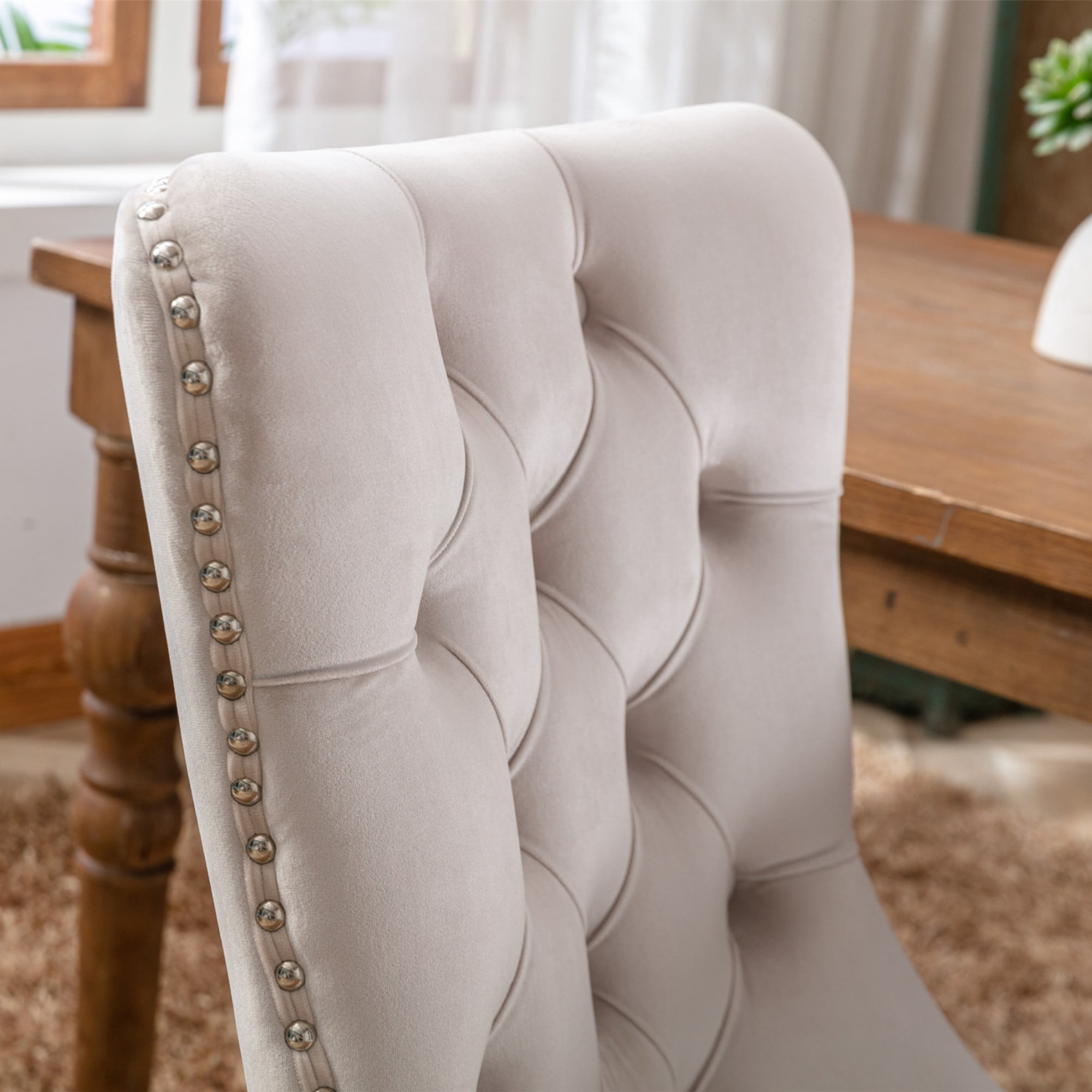 BSHTI 37.5" Velvet Upholstered Contemporary Dining Chairs Set of 2, Tufted Parson Wingback Chair with Nailhead Trim for Kitchen Dining Room(Beige)