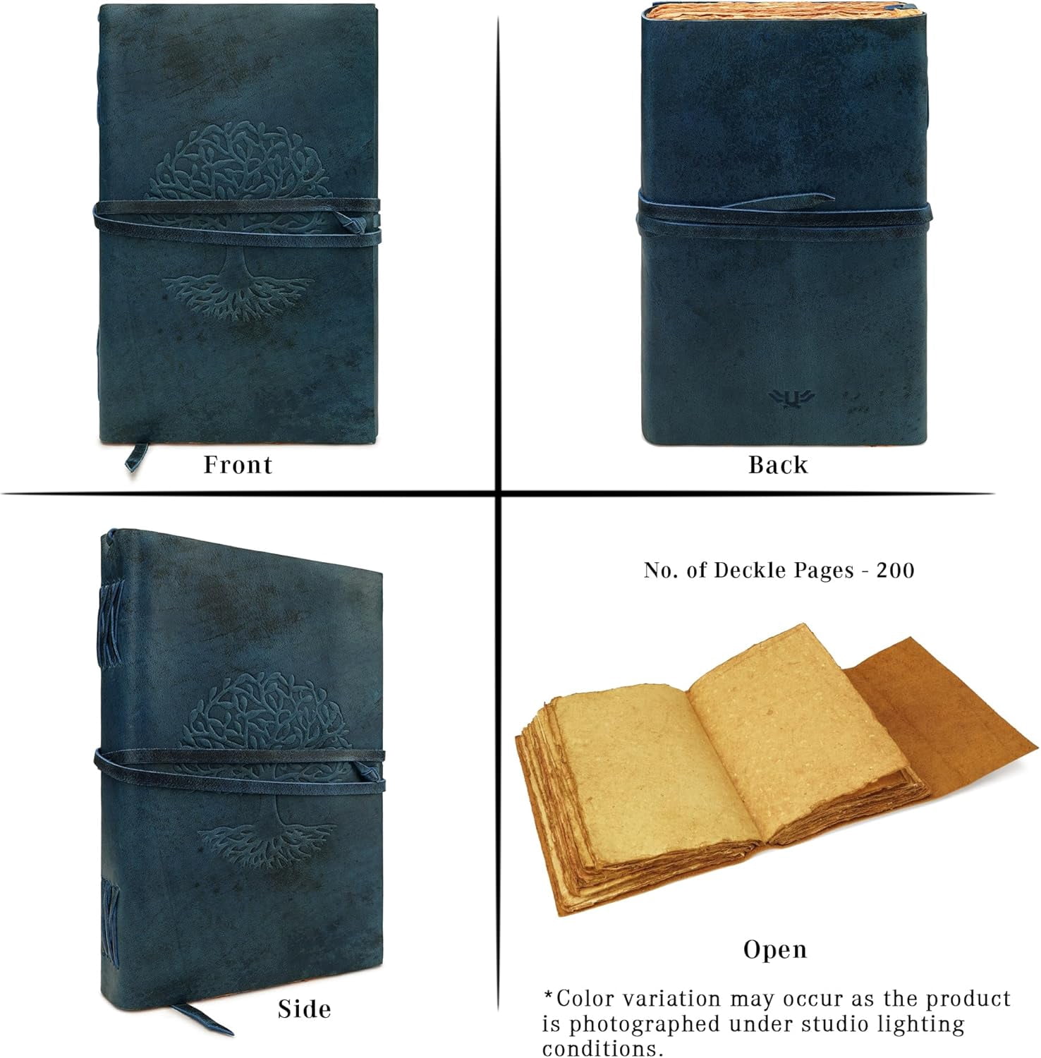 Tree Of Life Leather Journal for Women and Men, Handcrafted Writing Sketchbook Travel Diary with Unlined Deckle Paper Dark Blue 8x13