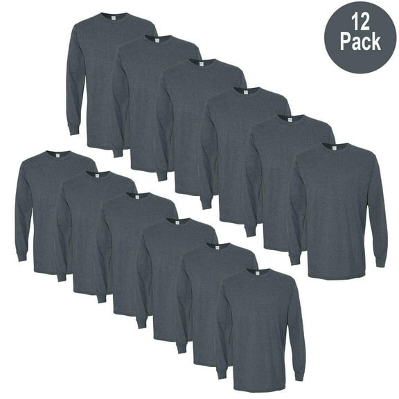 Gildan Crew Neck Heavy Cotton T-Shirt, Men's Long Sleeve Classic Fit Tee, Dark Heather, S, 12 Pack