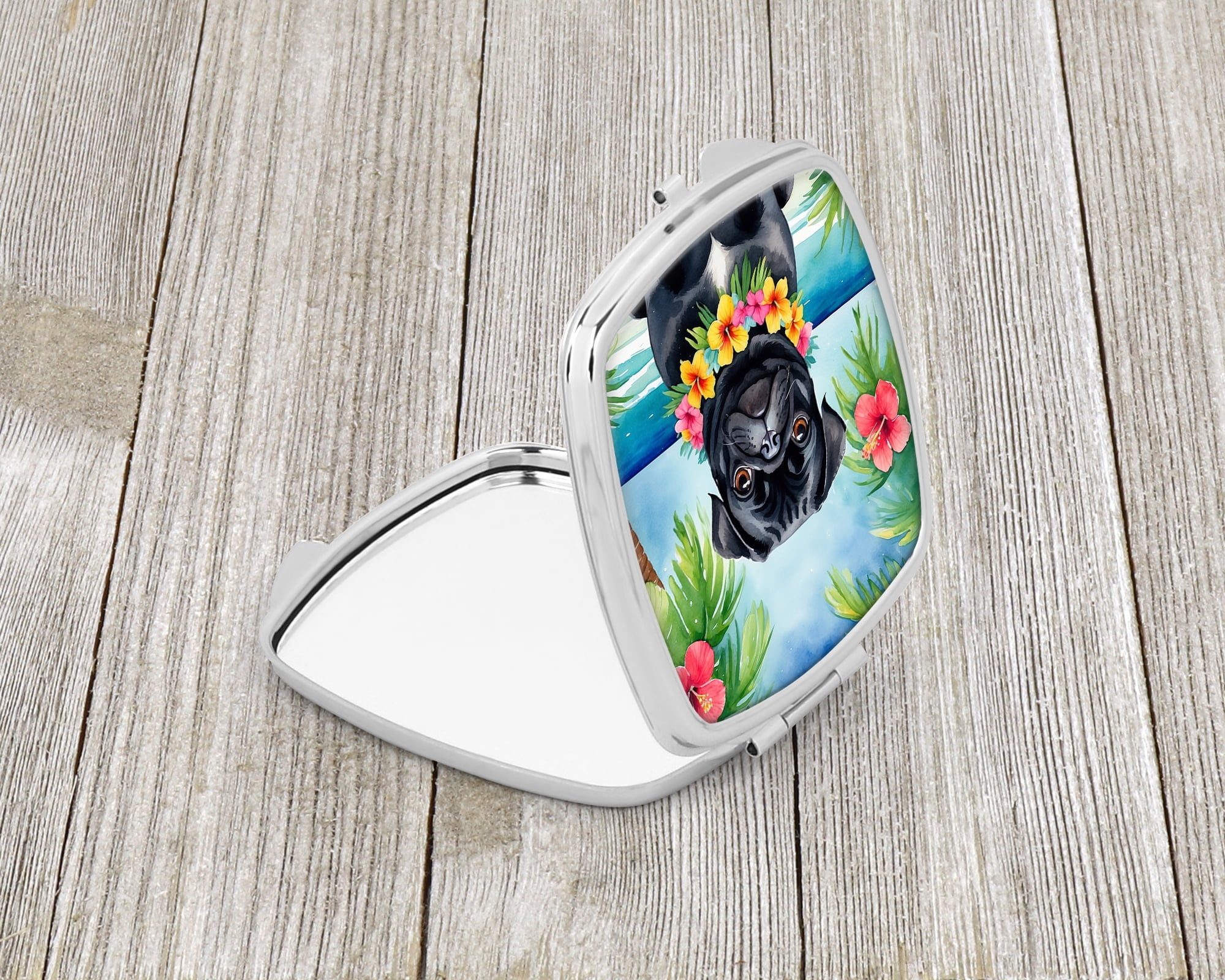 Black Pug Luau Compact Mirror 2.75 in x 3 in