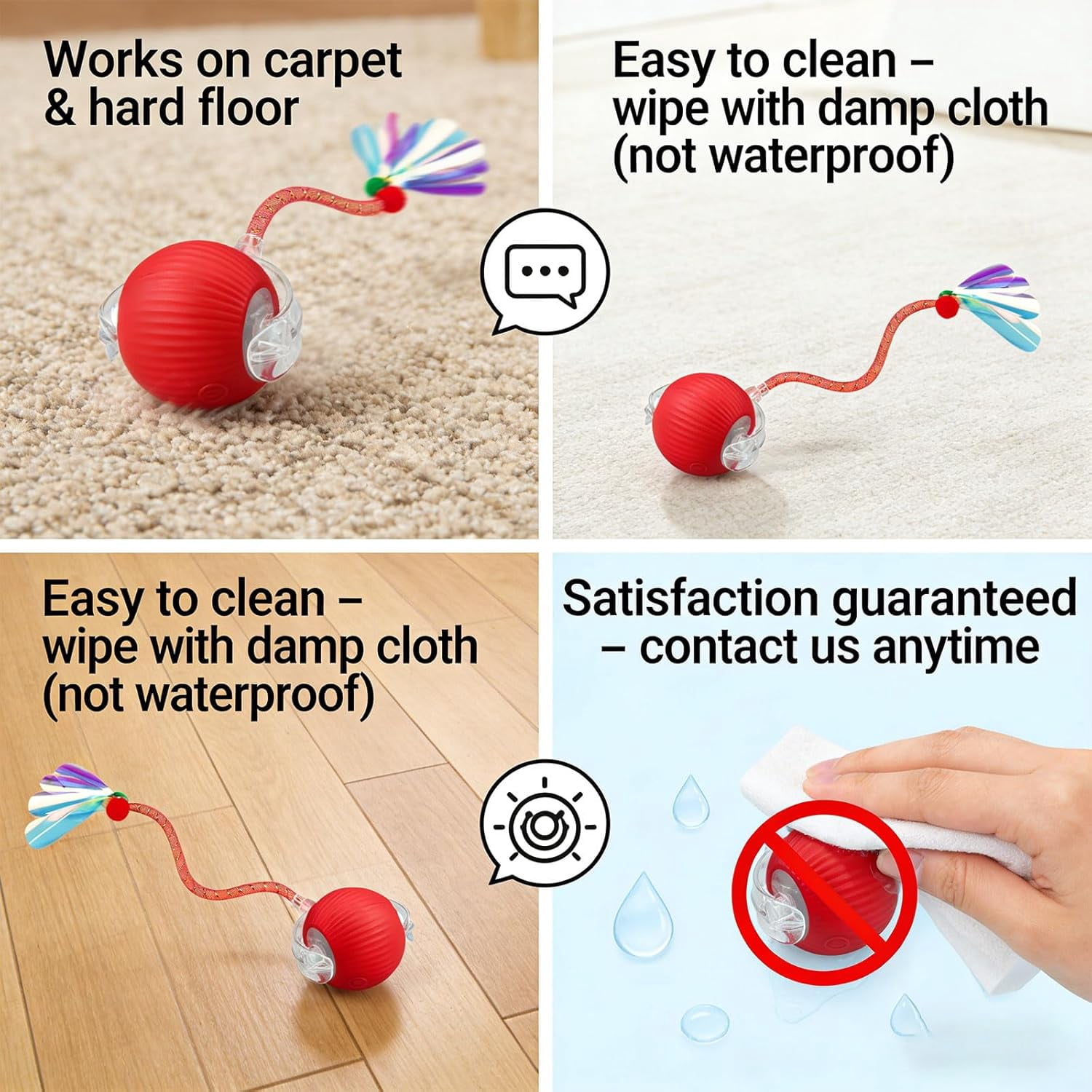 Speedy Tail 2.0 Cat Toy – 2 Replaceable Tails, Controllable Chirping, Motion Activated Rolling Ball, USB Rechargeable – Enrichment & Exercise for Bored Indoor Cats, Kittens (Red)
