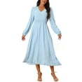 thumbnail image 2 of INSPIRE CHIC Women's Casual Long Sleeve Midi Fall Dresses V Neck Vintage Smocked Waist Flowy Long Dress Blue M, 2 of 5