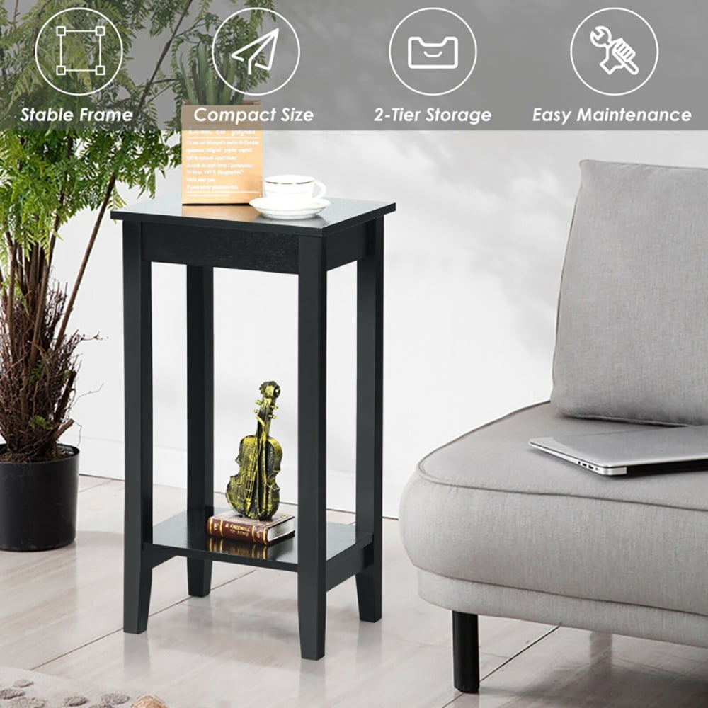 Finihen End Side Table, Sofa Side Table, Bed Side Table, 2-Tier Nightstand End Side Wooden Legs Table, for Living Room, Bedroom, Black