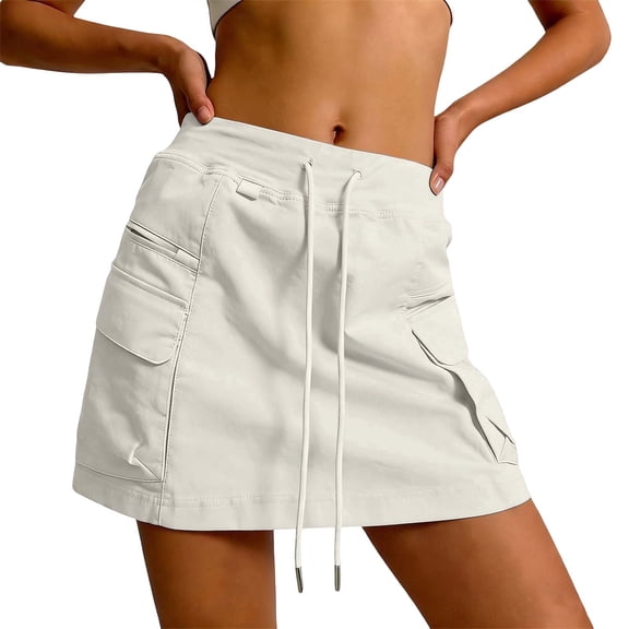 GPOECD Pleated Tennis Skirt Stylish and Comfortable High Waist Flowy Skirt for Women with Pockets and Elastic Waistband Casual Skirts for Women Beige,S