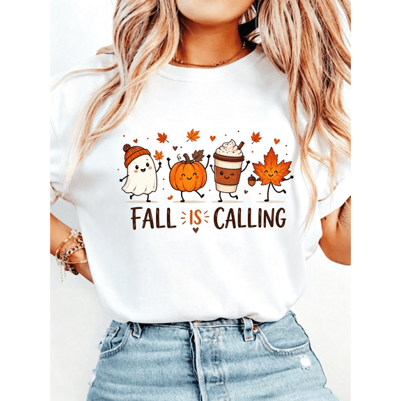 Fall Is Calling TShirt, Cute Pumpkin Ghost Tee, Coffee Leaf Graphic TShirt, TShirt Women