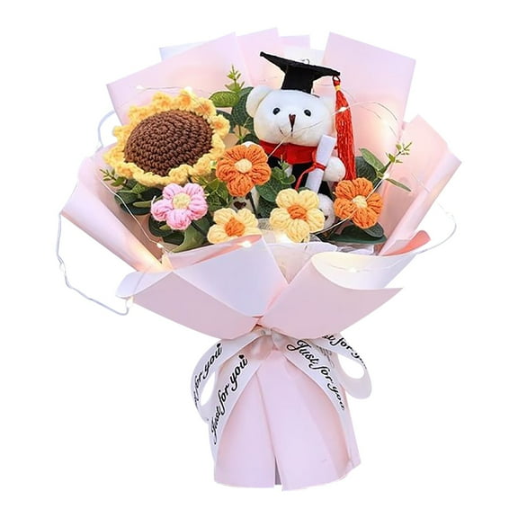 Camnix Graduation Crochet Flower Bouquet Set Includes Bear Knitted Sunflower Daisy Bouquet Eucalyptus Gift Bag 2025 Graduation Gift, Stuffed Bear