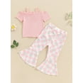 thumbnail image 4 of Suealasg Toddler Girls Clothes 1T 2T 3T 4T 5T Kids Little Girl Summer 2Pcs Outfit Short Sleeve Cold Shoulder Tops Checkerboard Daisy Print Flare Pants, 4 of 7