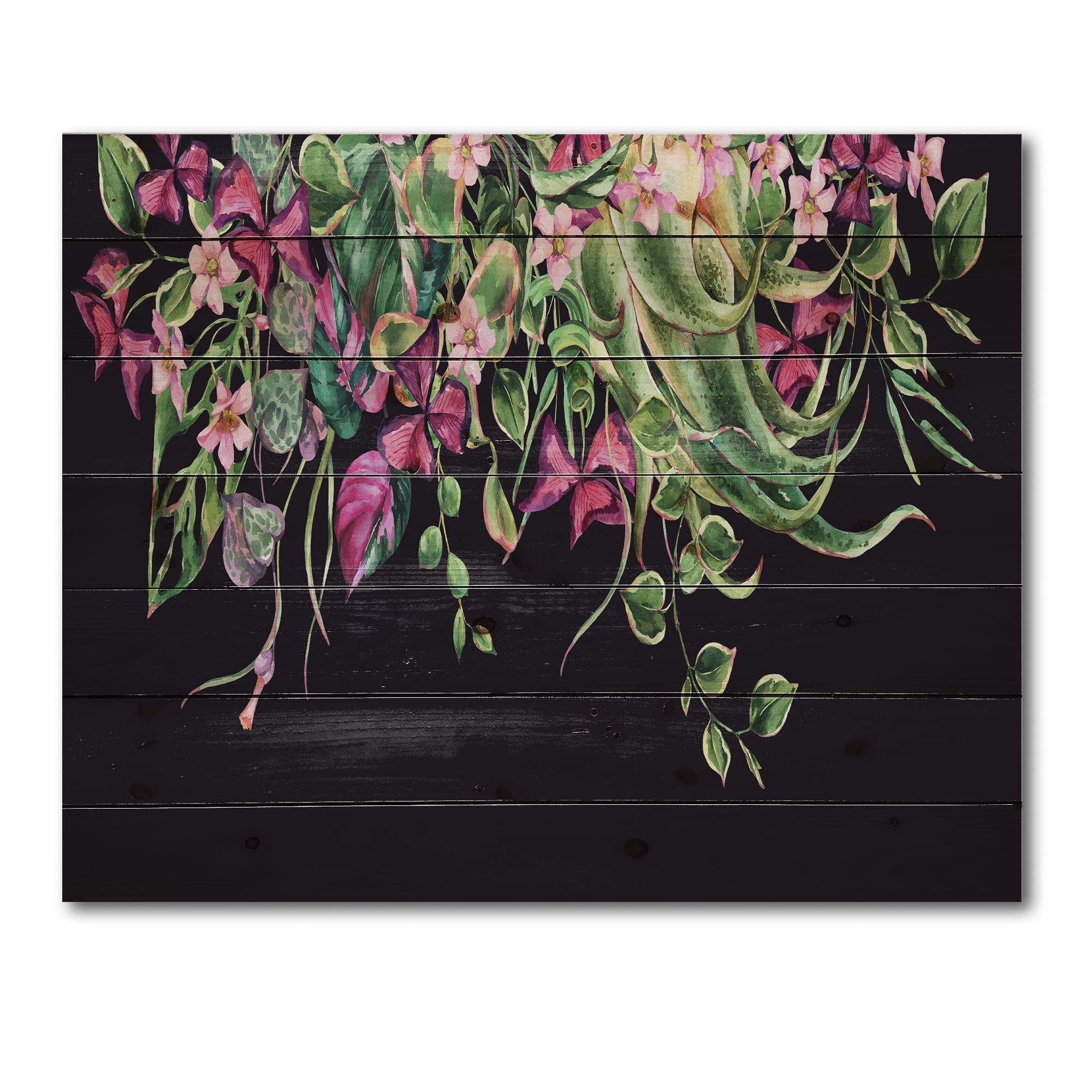 Designart 'Floral Tropical Leaves On Black Background' Farmhouse Print on Natural Pine Wood