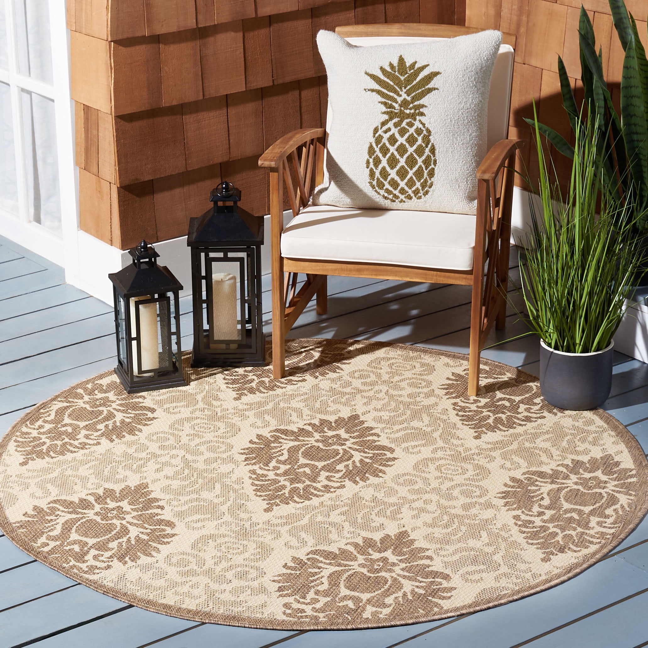 Safavieh Courtyard Jessie Damask Indoor/Outdoor Area Rug, Natural/Brown, 5'3" x 5'3" Round