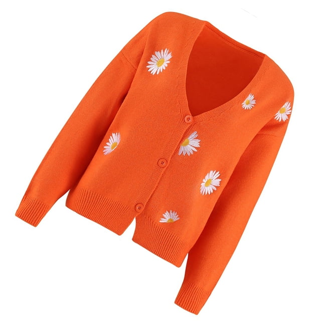 Jumpingount Suéter de mujer invierno otoño lindo patrón de flores cuello en V transpirable lavable Casual suelto niñas señoras suéteres ropa Prendas para la parte del cuerpo Naranja L Jumpingount AP012615-28