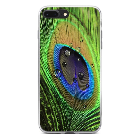 DistinctInk Clear Shockproof Hybrid Case for iPhone 7 PLUS / 8 PLUS (5.5" Screen) - TPU Bumper, Acrylic Back, Tempered Glass Screen Protector - Peacock Feather Close Up - Animal Print