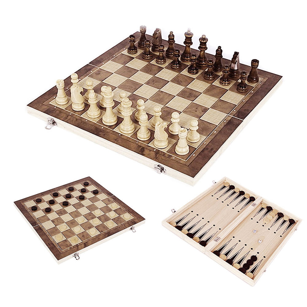 Quality 3 in 1 Folding Wooden Chess Backgammon Draughts Checkers Set 