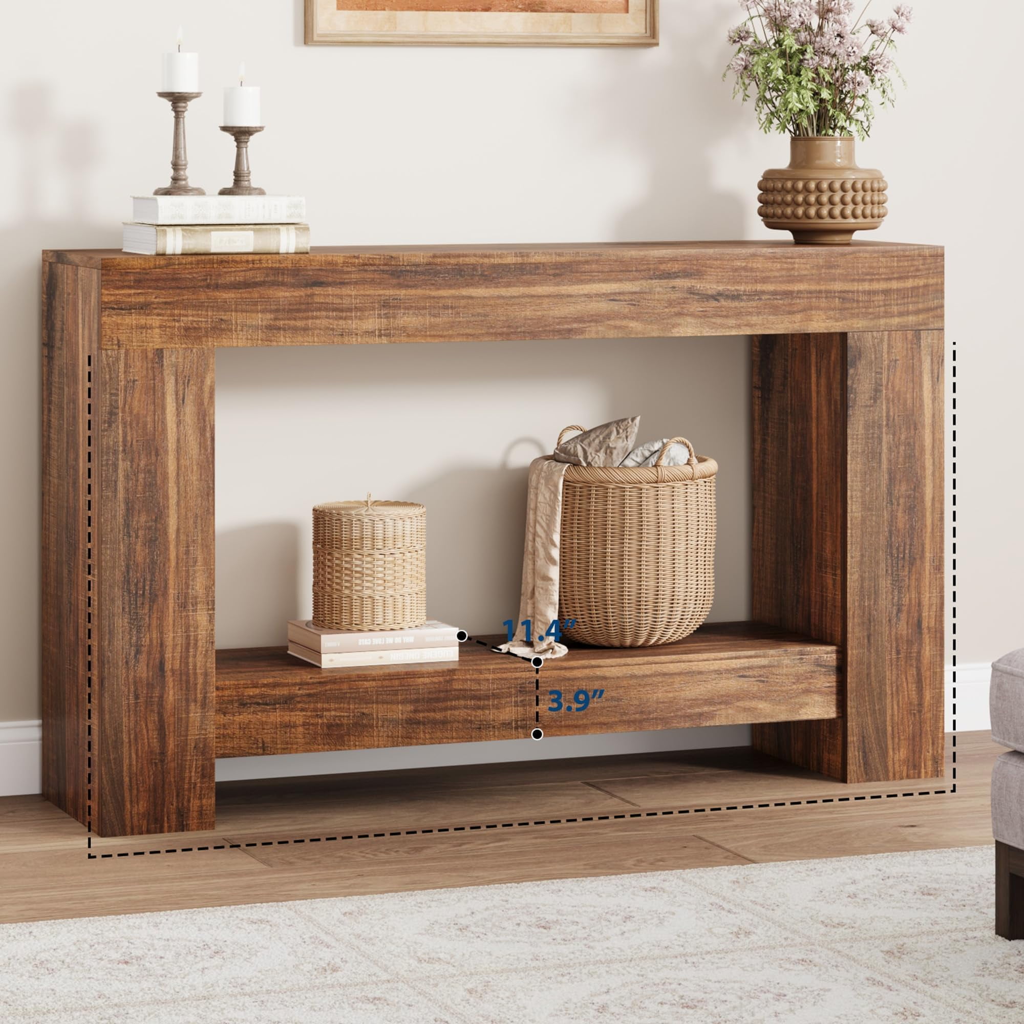 Farmhouse Console Table for Entryway – 2-Tier Wooden Sofa Table with Storage – Long Hallway Table – Dining Room Accent Furniture – Flame Design, 1.2 Meters