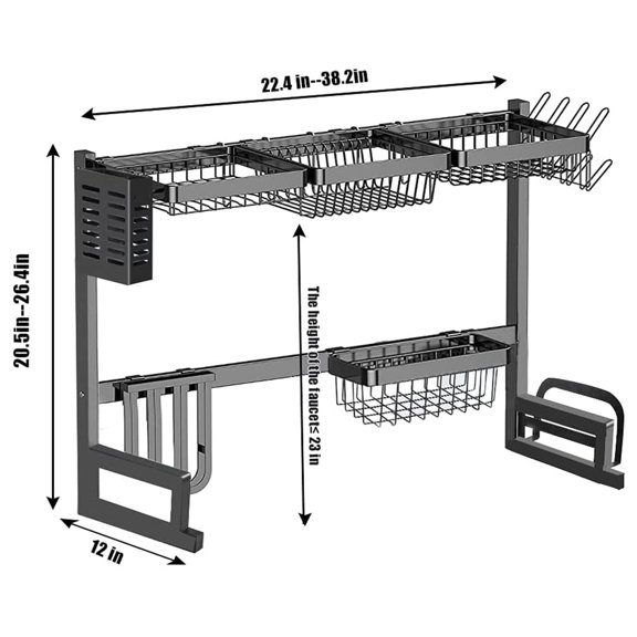 Black Over-Double-Sink Large Dish Rack with Cup Holder