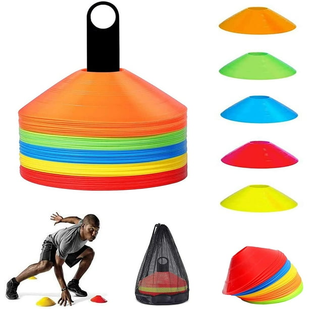 Conos marcadores, 50 piezas de conos para entrenamiento de conos en fútbol, hockey, balonmano o ayuda para el entrenamiento de coordinación, viene con soporte, bolsa de malla, total 5