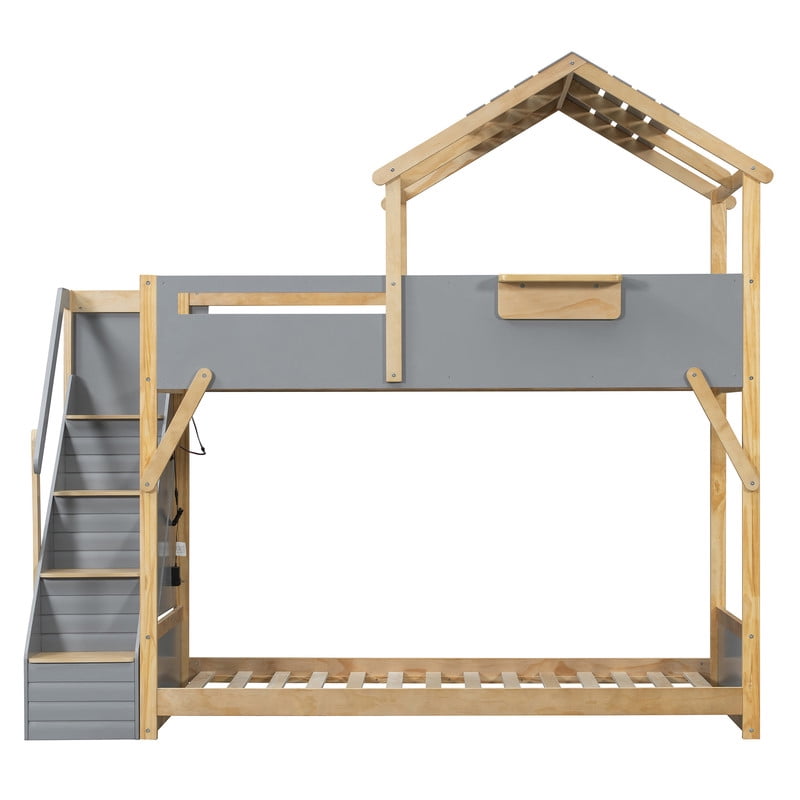 Twin Over Twin House Bunk Bed with Stairs, 3-Color LED Lights and Storage Shelf, Wooden Bunk Bed Frame with Guardrails and Roof Frame for Kids Bedroom