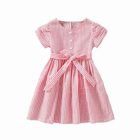 

BSDHBS Girl Summer Dress Summer Toddler Girls Stripe Dress Short Sleeve Dresses Striped Bowknot Waistband Dress for Girls 1 To 7 Years