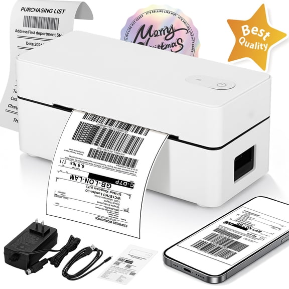 Bluetooth Thermal Shipping Label Printer, 4x6 Portable Thermal Address Label Maker for Small Business, Compatible with iPhone/Android/Windows/Mac, Works with Etsy Shopify USPS & More, White