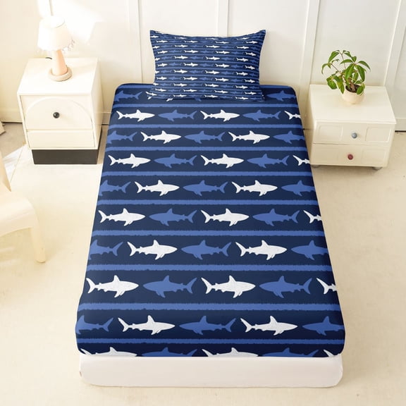 Manfei Coastal Shark Twin Fitted Sheet, Simple Horizontal Stripe Bedding, Navy White, 2pcs, 1 Fitted Sheet and 1 Pillowcase