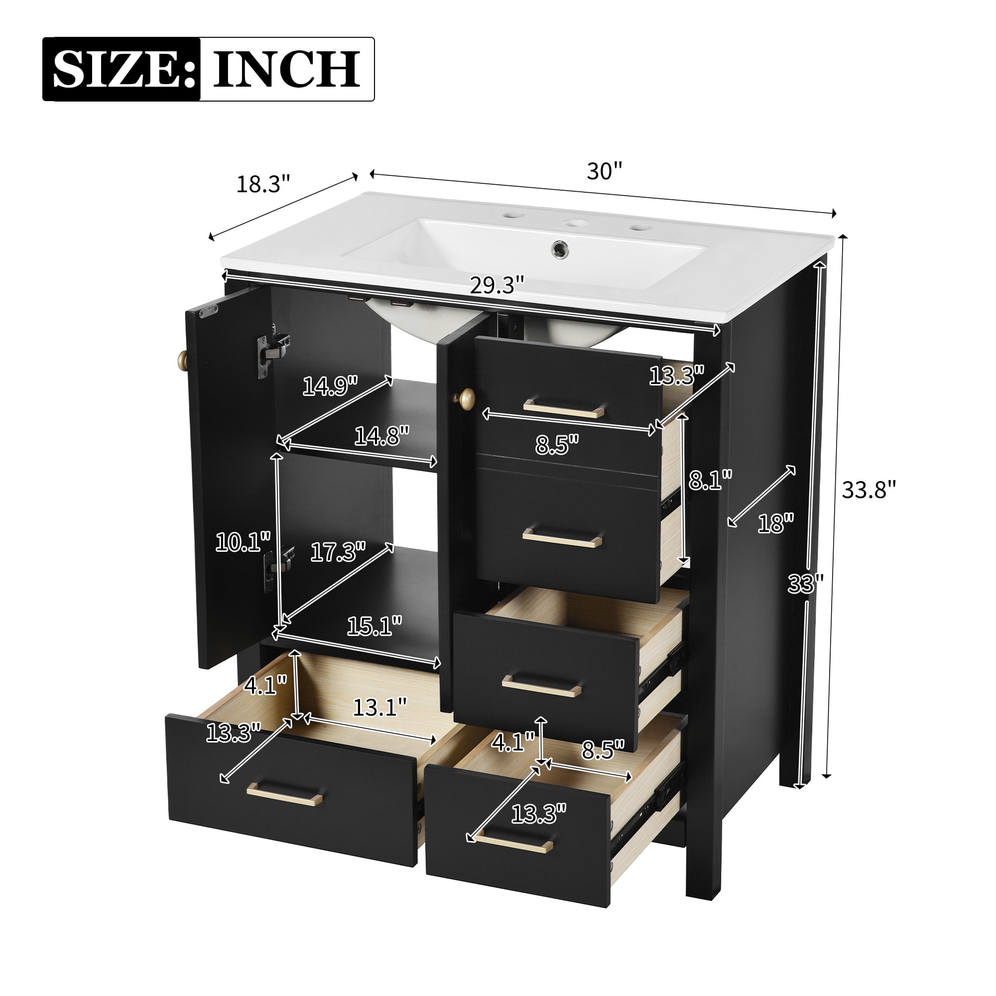 Euroco 30'' Bathroom Vanity with Ceramic Sink Combo, Solid Wood Frame Bathroom Storage Cabinet, Freestanding Vanity Set with 4 Drawers& Soft Closing Doors, Black