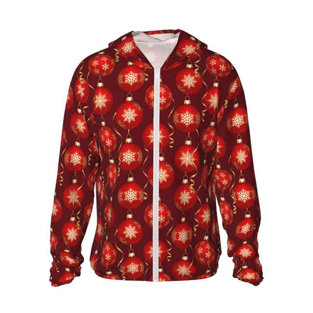 Saiise Chandail à Capuchon de Protection Solaire à Motif de Boules Rouges de Noël pour Hommes et Femmes, Léger, à Séchage Rapide et Coupe-Vent avec Capuchon et Fermeture Éclair - Petit