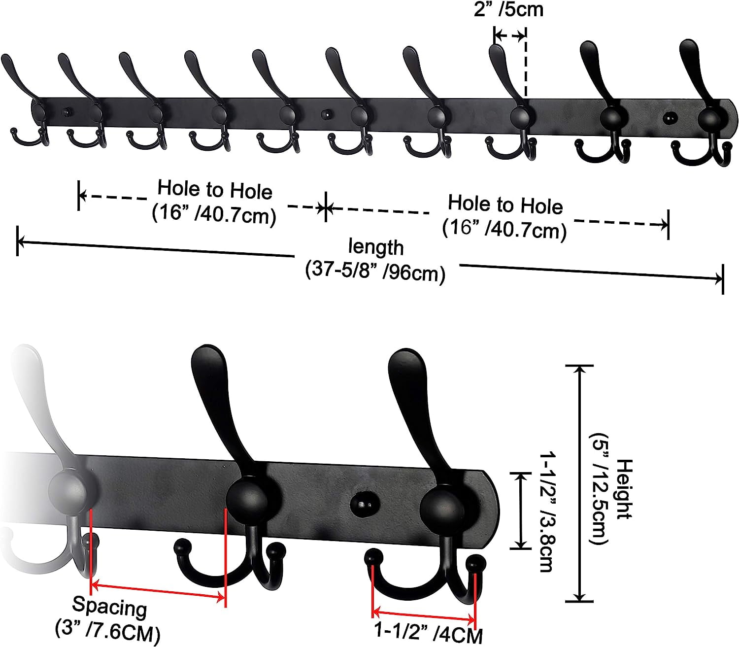 Dseap Coat Rack Wall Mounted-10 Tri Hooks,Stainless Steel Heavy Duty Metal Coat  Hook Rail for Hats Clothing Entryway,Matte Black 