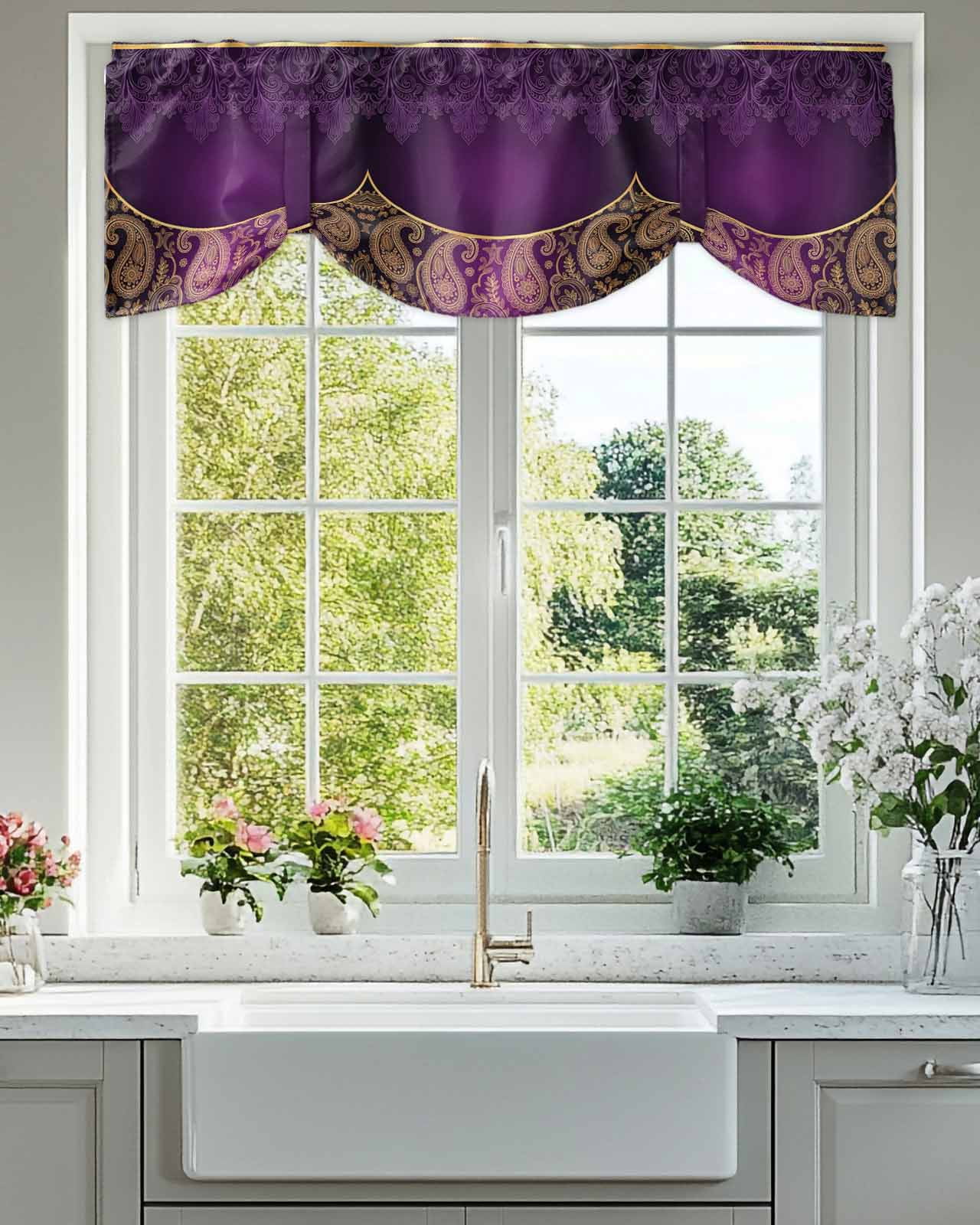 Purple Bohemian Floral Tie Up Valances Curtain, Flower Pattern Vintage Luxurious Kitchen Valances for Windows Decor, Rod Pocket Short Curtains Set for Bedroom/Bathroom, 60"x18"