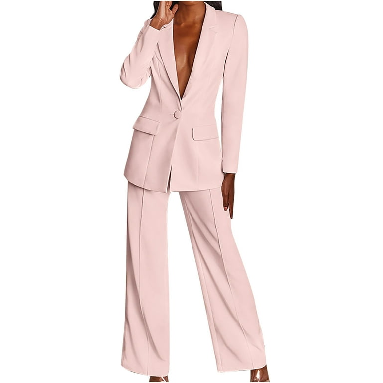 YYDGH Pants Suits for Women Dressy 2 Piece Casual Plus Size Open Front  Blazer Pant Suit Set Wedding Prom Work Business Suit Pink M 