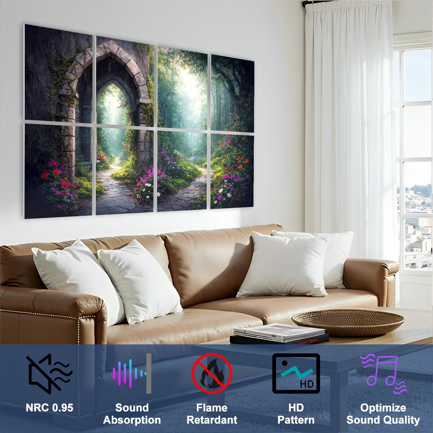 8 Pack Art Acoustic Panels Sound Absorbing Stone Archway Leading to Garden Vibrant Decorative Soundproof Wall Panels Self Adhesive for Nursery Game Room Bedroom 48"x32"