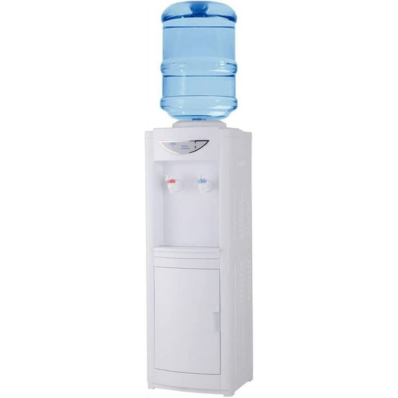 Water Cooler Dispenser for 5 Gallon Bottles, Top Loading Hot & Cold Water Freestanding Electric Water Cooler Machine with Child Safety Lock Perfect for Home Office w/Storage Cabinet, White