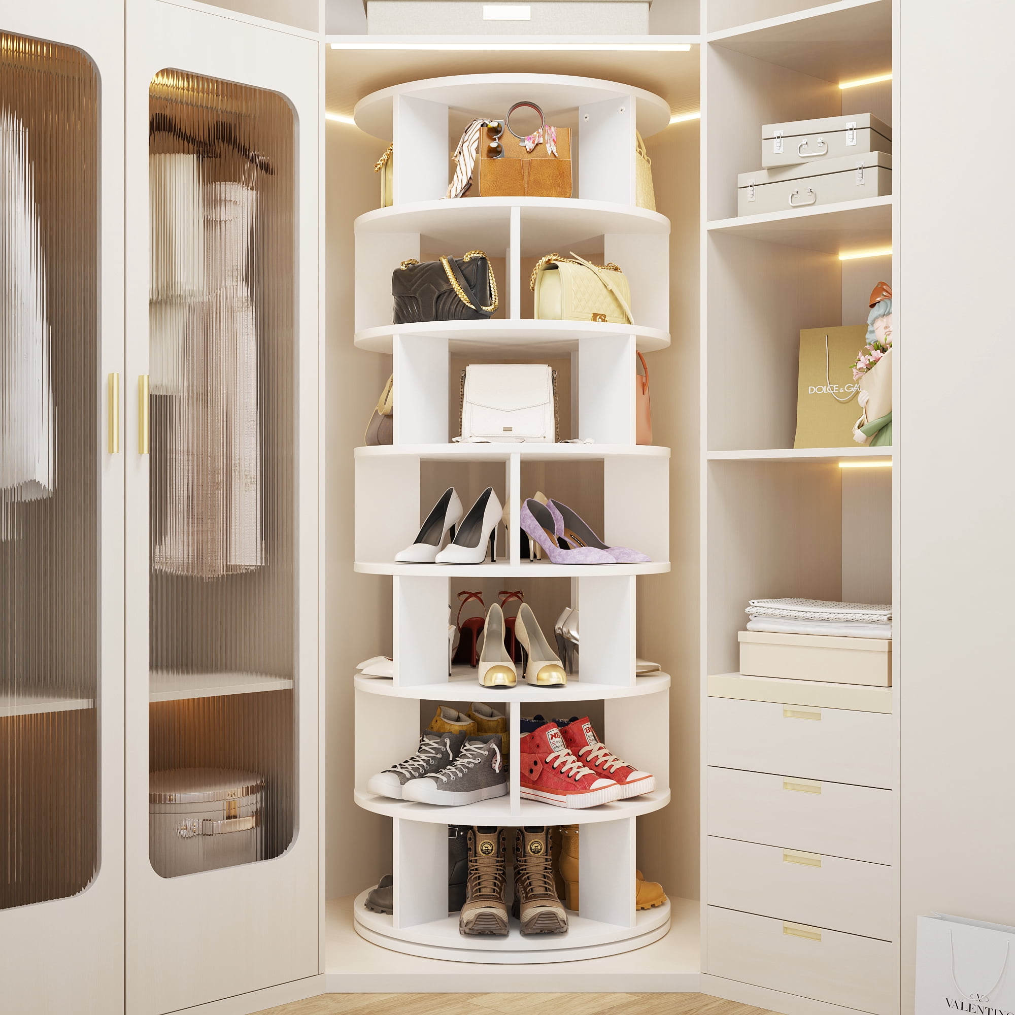 Homieasy 7-Tier Spinning Shoe Rack Tower, 360 Revolving wooden Shoe Rack, 60'' for shoes ,bags, Display Lazy Susan ,Storage Carousel,Free Standing Shoe Organizer for Entryway,White