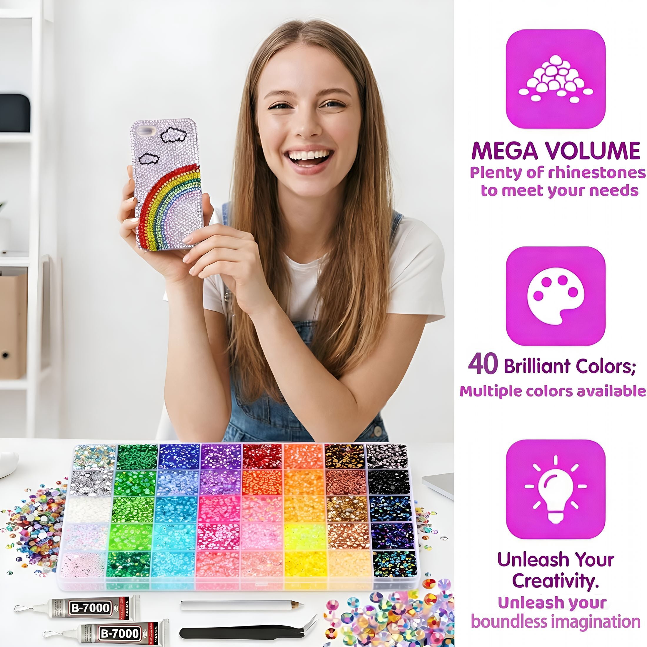 DESIGNICE 35000Pcs Rhinestones,40 Color Kits,3Mm Bedazzling Kit with Glue for Diy Diamond Paintings,Decorative Water Cups,Phone Cases,And Other Crafts