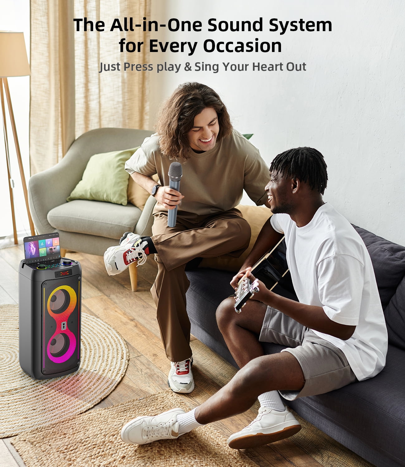 Gesnada Karaoke Machine with 2 Wireless Microphones, 200W Peak Power, TWS, USB/TF/AUX, Perfect Graduation Gift