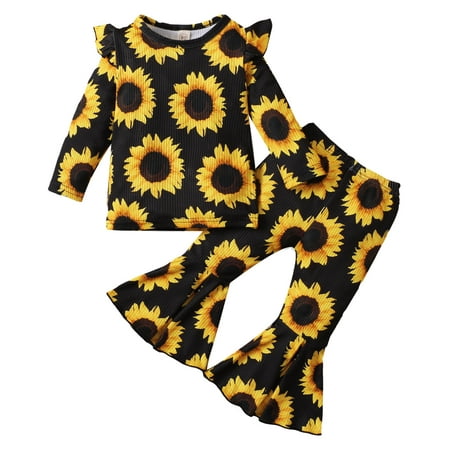 

Toddler Baby Girls Long Sleeve Rainbow Sunflower Floral Printed T-shirt Tops+Flare Pants Outfits