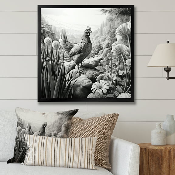 Designart "Farm Rooster in Black and White" Animals Framed Wall Art Decor - Modern Grey Chicken Hallway Framed Wall Art Decor
