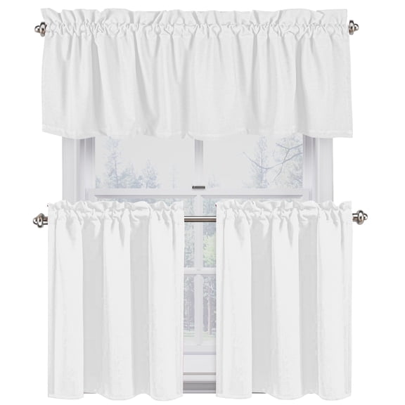 Native Fab 100% Cotton Kitchen Window Curtain Tiers Valance Set - Rod Pocket Style 3 Piece - White