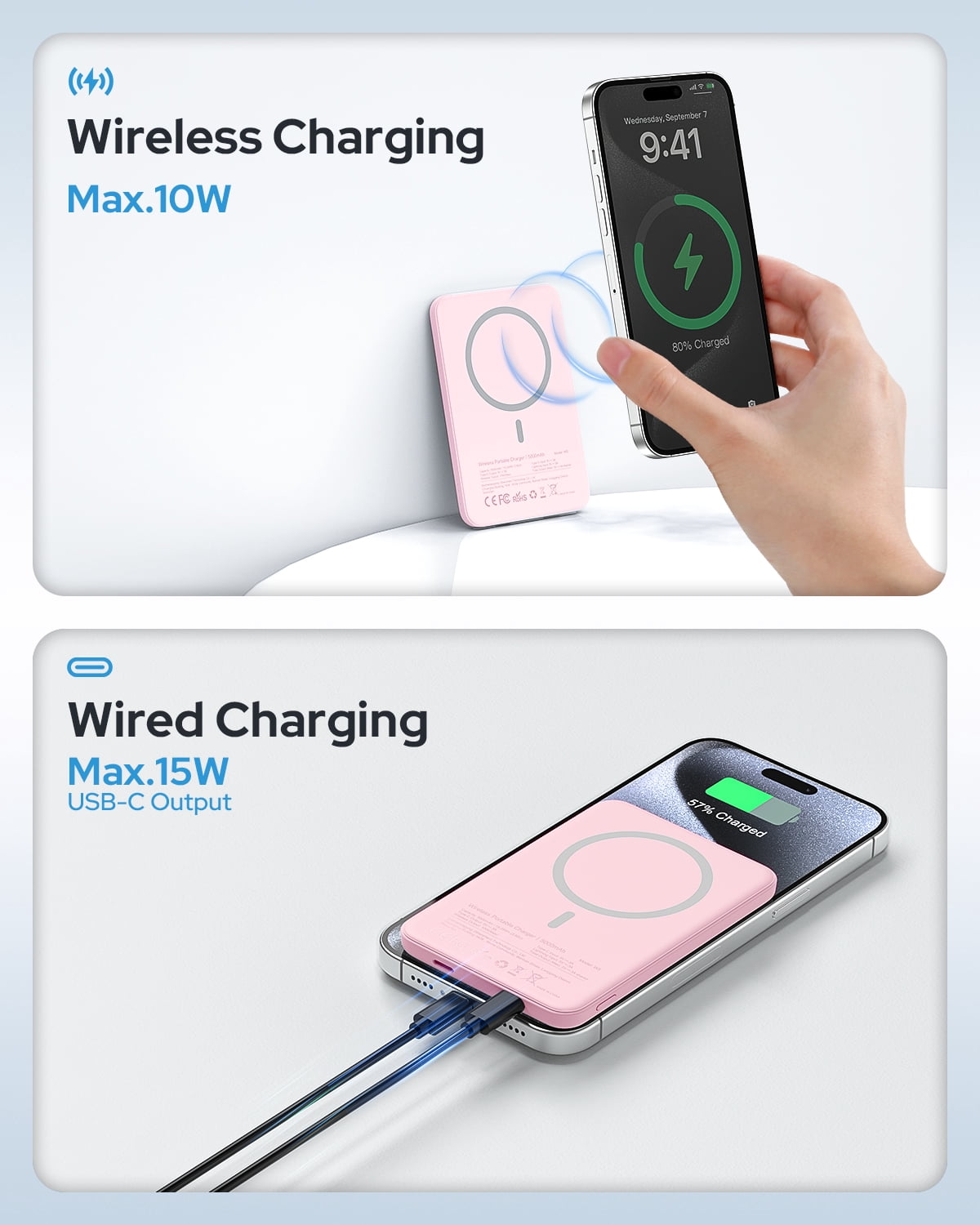 Magnetic Portable Charger, Magnetic Power Bank 5000mAh with USB-C, Slim Wireless Battery Pack compatible for iPhone 17/16/15/14/13 Series, Pink
