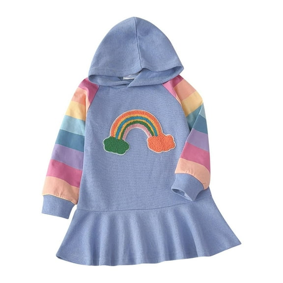 Odeerbi 3-12 Year Toddler Girls Rainbow Embroidery Hooded Sweatshirt Dress Spring Fall Cute Long Sleeve Cotton Hoodie Dress Round Neck Colourful Fishtail Dress Toddler Girls Clothes