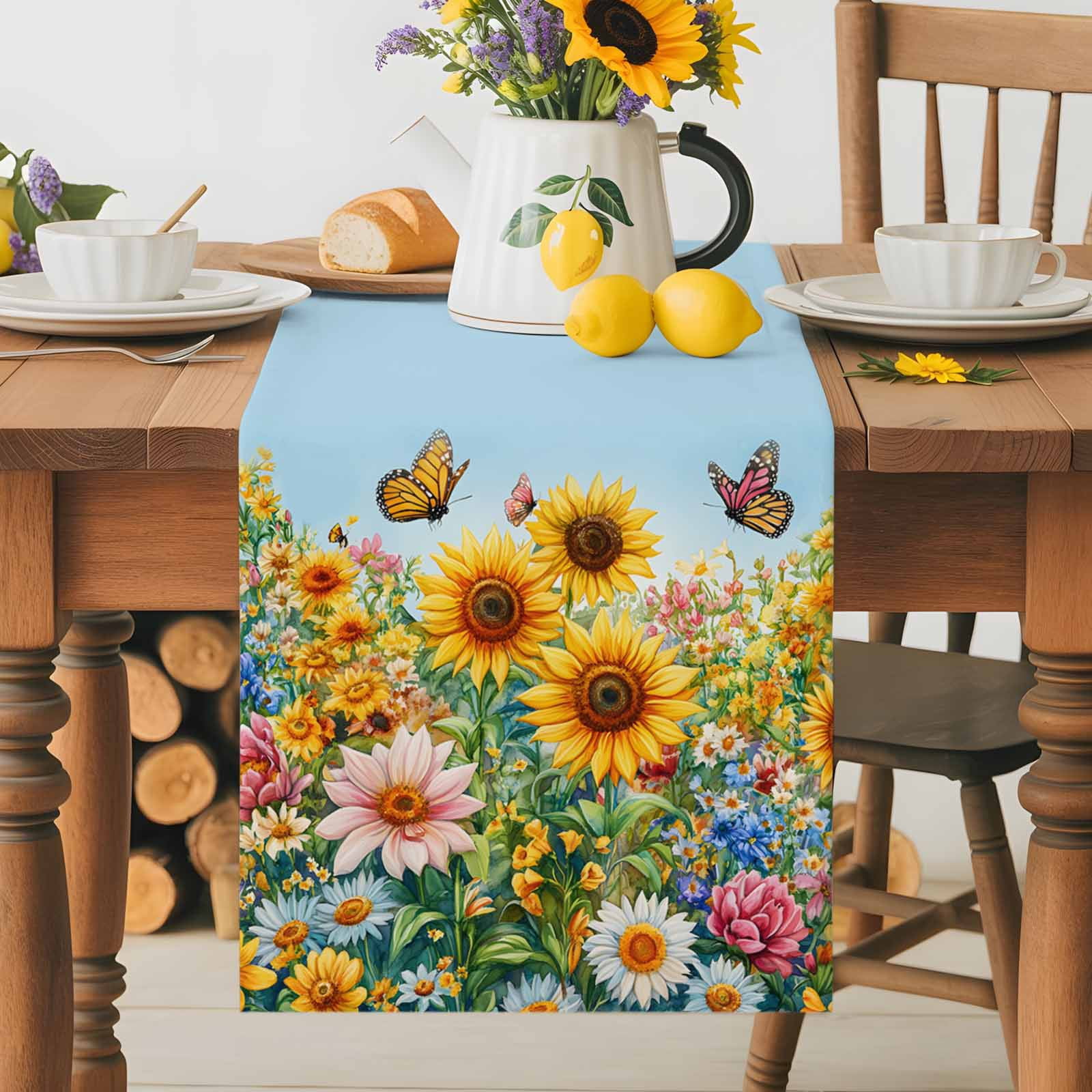 Watercolor Sunflower Butterfly Table Runner 90 Inches Long, Summer Garden Pastoral Plants Table Runners Tabletop Scarf Kitchen Dining Tables Decoration for Home Party Indoor Outdoor