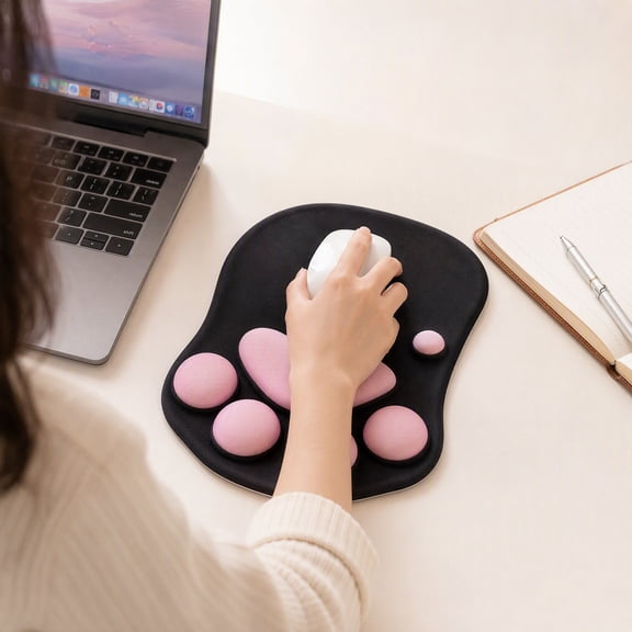 MERRYHAPY Black Resin Mouse Pad with Ergonomic Wrist Support and Cute Cat Paw Design for Comfortable Office Desk Setup