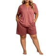 thumbnail image 3 of Women's Plus Size 2 Piece Pajama Sets, V-Neck Short Sleeve Top & Drawstring Pocket Elastic Shorts, Oversized Solid Casual Home Outfit | TruHer,Pink XL, 3 of 7
