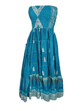 Mogul Women Blue Floral Printed Dress Summer Beach Skirt Recycled Sari Dresses S/M