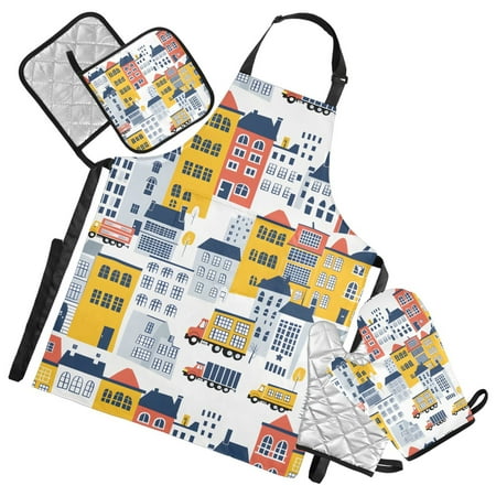Hand Drawing Building Truck 5 Pcs Kitchen Set Heat Resistant Oven Mitts and Non-Slip Pot Holders with Adjustable Cooking Apron