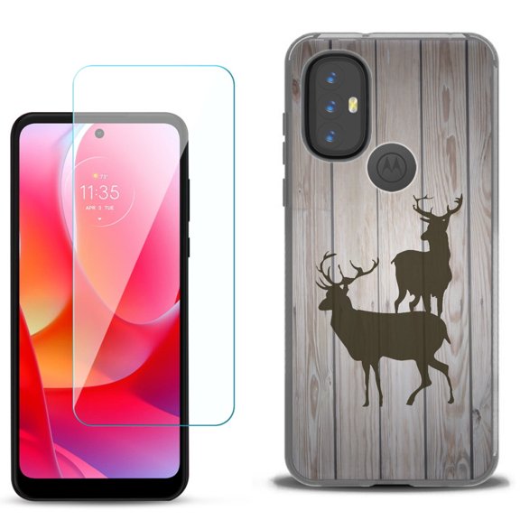 Slim-Fit Gel TPU Phone Case for Motorola Moto G Power 2022, with Tempered Glass Screen Protector, by OneToughShield ® - Wood/Deer