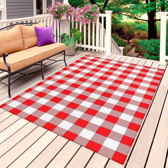 Red White Plaid Outdoor Rug for Patio/Deck/Porch, Non-Slip Large Area Rug 5 x 7 Ft, Modern Farmhouse Buffalo Check Gingham Indoor Outdoor Rugs Washable Area Rugs, Reversible Camping Rug Carpet Runner