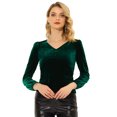 thumbnail image 1 of Blusa de terciopelo de manga larga con decoración de botones y cuello en V para mujer Verde oscuro S, 1 of 5