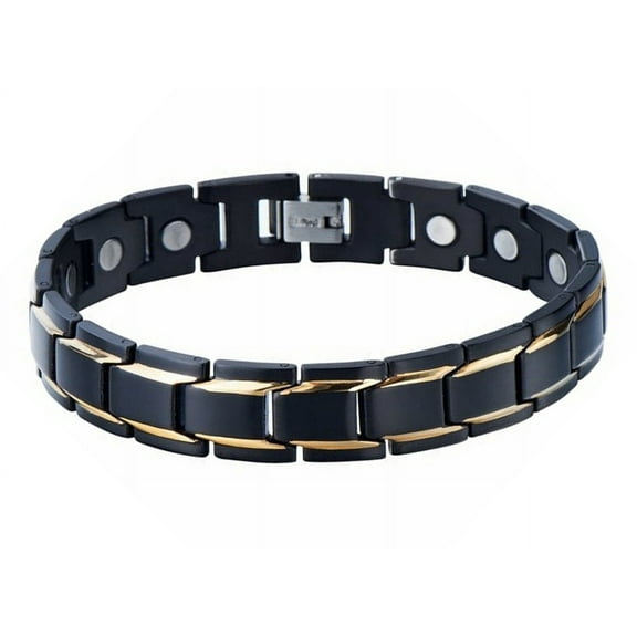 8.5" Mens Magnetic Steel Bracelet. Black with Gold Accent Lines - Fancy Box Included.