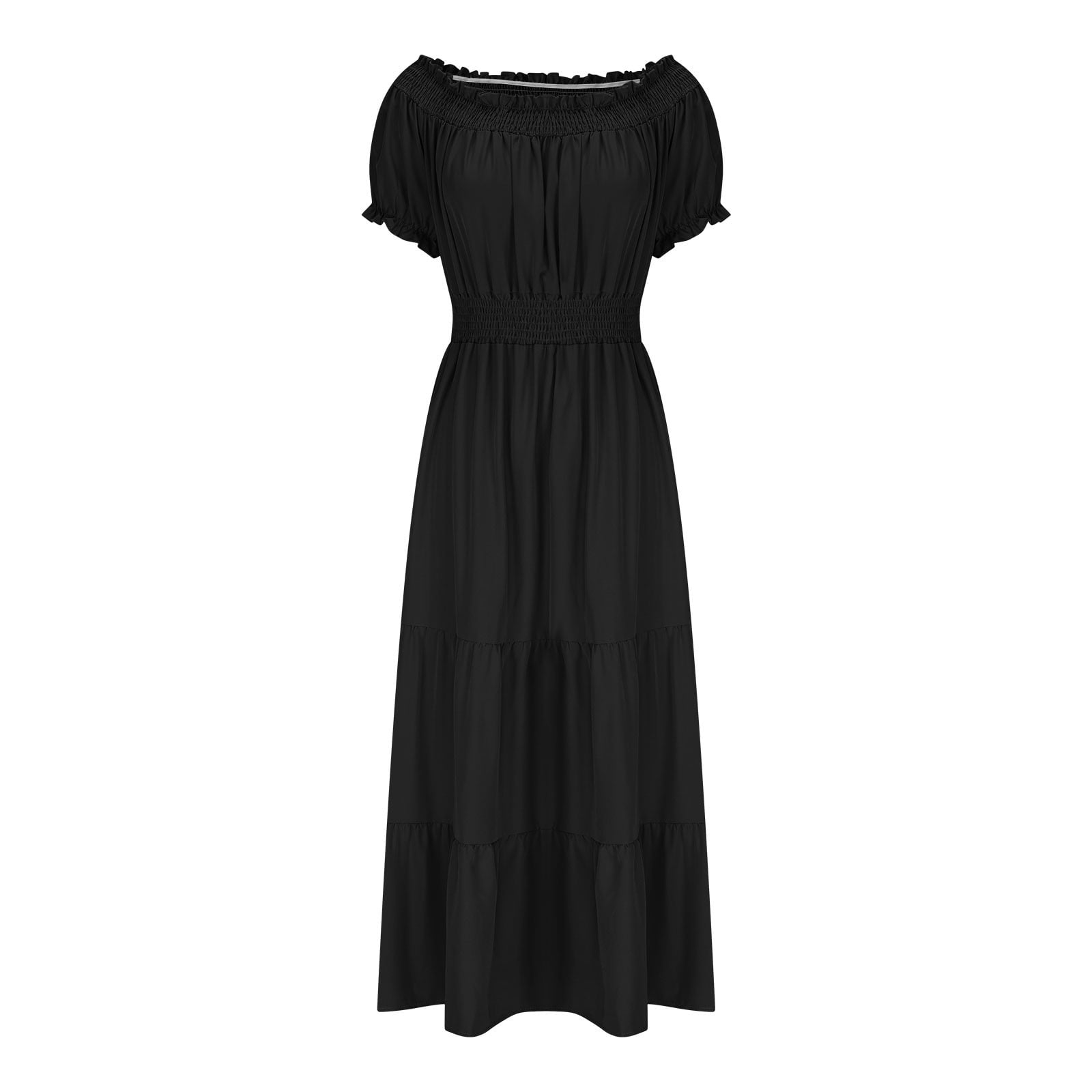 gljltg Ladies Elegant Summer One-shoulder Solid Color Short-sleeved Elastic Waist Women's Dress with Print, Stylish Fashionable for Women, Ladies, Suitable for Casual, Party, Daily, Beach